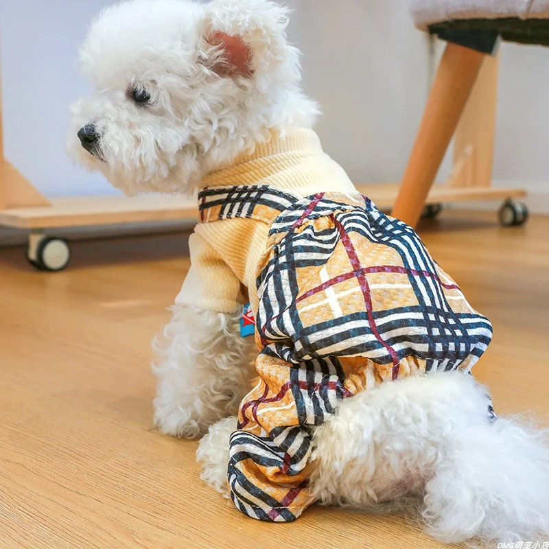 1PC pet clothing, cat spring and autumn toffee coffee plaid patchwork four legged pants suitable for small and medium-sized dogs