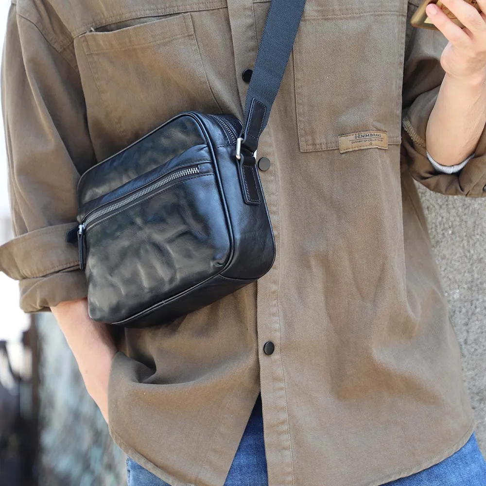 Echte Leder-Umhängetasche für Herren, einfache Rindsledertasche, hochwertiges, pflanzlich gegerbtes Leder, modischer Casual-Stil. – Detail 4