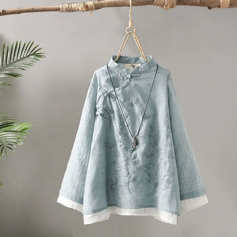 Women Chinese Style Embroidery Shirts Traditional Temper Aesthetics Blouse Vintage Hanfu Zen Tea Tops Chic T-shirt