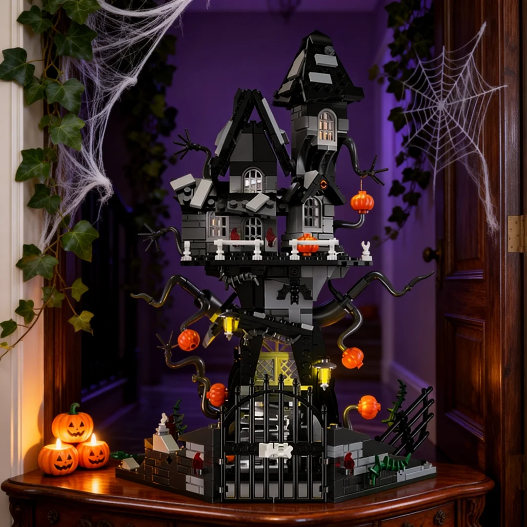 Halloween Display Decor LED Haunted Ghost House Building Blocks Toy–Relaxing DIY Building Hobby,Adult Collectible Holiday Gift