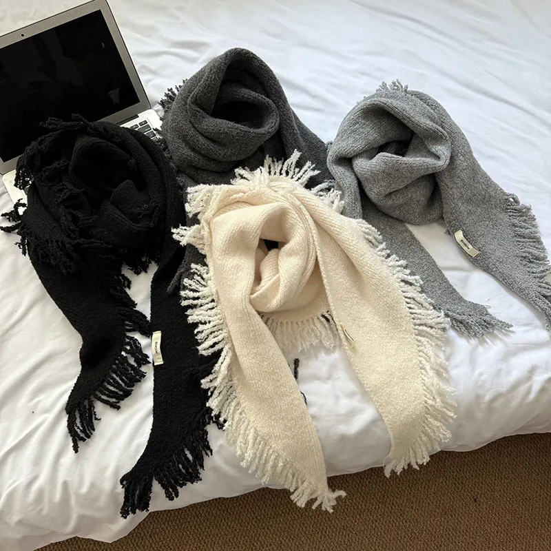 Korean Style Elegant Solid Wool Blend Wrap Women Winter Fall Versatile Tassel Thickened Warm Triangle Towel Knitted Woolen Scarf