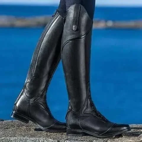 European and American plus round head artificial PU splicing color difference thick heel high tube back zipper knight boots