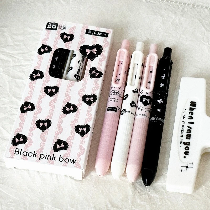 4pcs/set INS Black Pink Color Sweet Gel Pen for Kids Girl Cute Heart Bow Print 0.5mm Black Ink Writing Pen Student Supplies