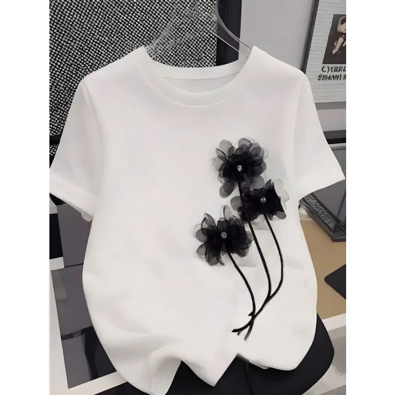 تي شيرت نسائي بقصة ضيقة Harajuku باللونين الأبيض والأسود غير رسمي بأكمام قصيرة ملابس نسائية على شكل زهرة الحبر تي شيرت نسائي علوي