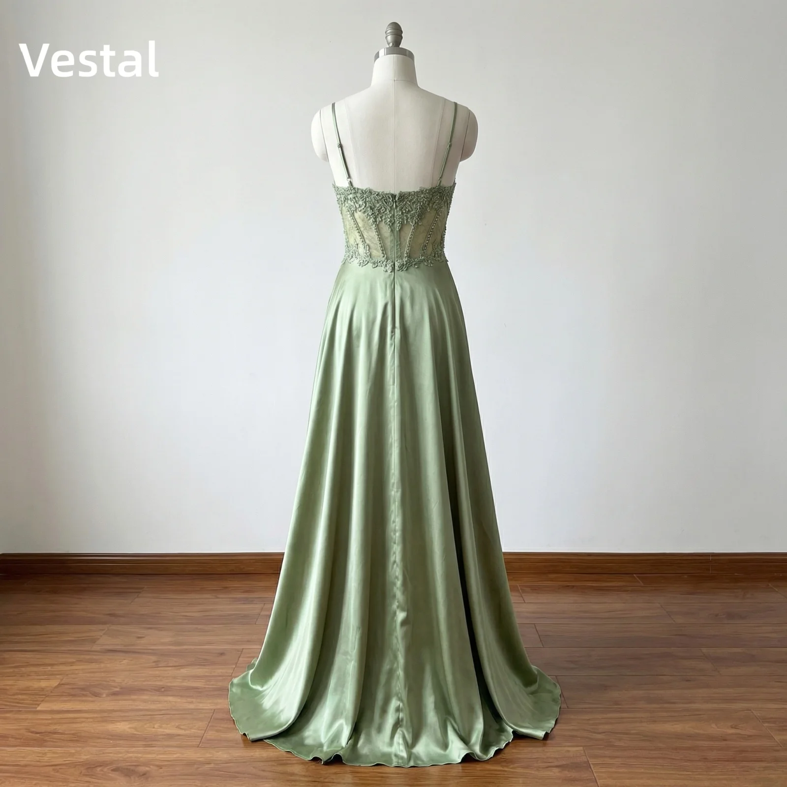Vestal Sage Green Lace Corset Prom Dress for Women Satin High Slit A line Formal Evening Party Gown Wedding Guest Customized view 4