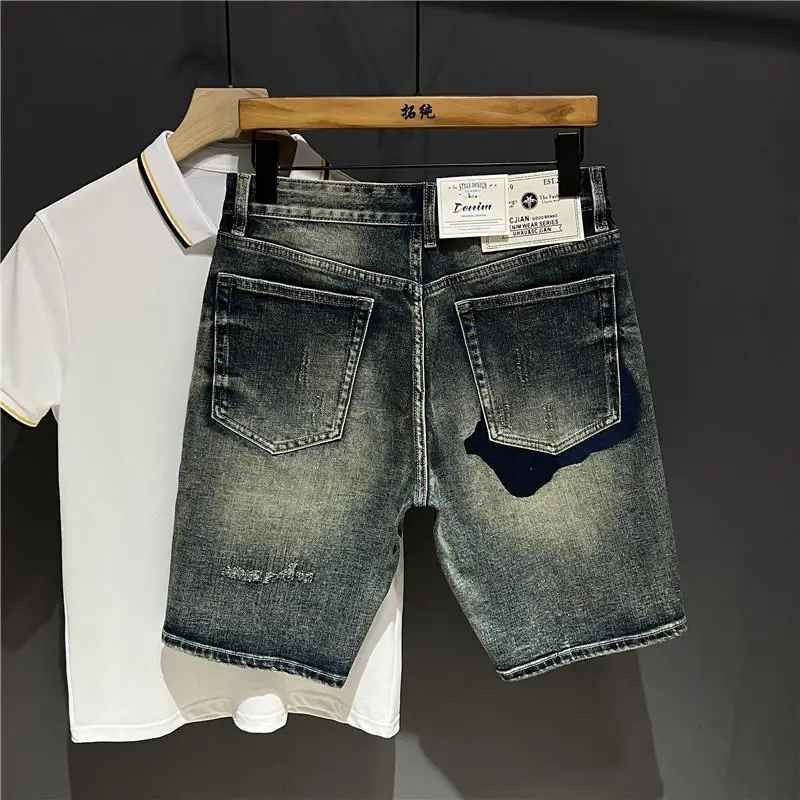 High-end Design Brand Embroidered Elastic Denim Shorts Men's Summer Middle Pants Slim-fitting Korean Breeches Jorts Shorts