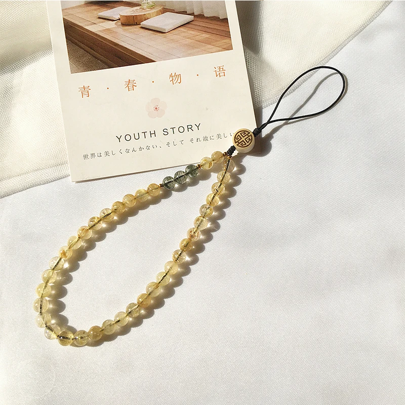 Natural Gold Rutilated Quartz Anti Lost Phone Strap Telephone Jewelry Natural Stone Beaded Wrist Lanyard KeyPhone Chain Accessor