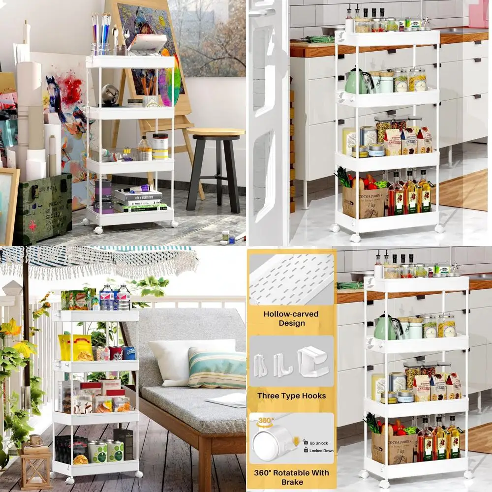 

4-Tier Mobile Storage Cart, White - Versatile Utility Organizer for Kitchen, Bathroom, Living Room, and Laundry