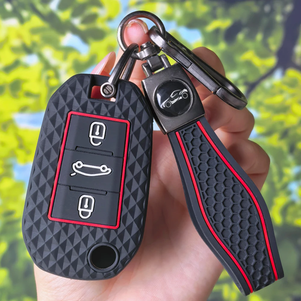 Sleek Red Outline Diamond Silicone Flip Remote Key Case With Keychain For Peugeot 208 2008 308 3008 4008 508 Citroen C3 C4 C5 C6