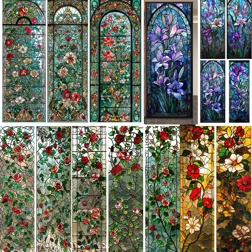 Classic Floral Static Cling Privacy Window Film Opaque Stained Rose Cling Glass Sticker Mermaid Bathroom Decorative Films