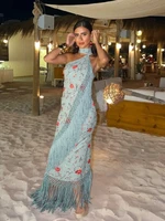 Print Tassels One-piece Long Dress Women Elegant Scarf Collar Sleeveless Backless Slim Party Dresses New Fashion Ladies Vestidos
