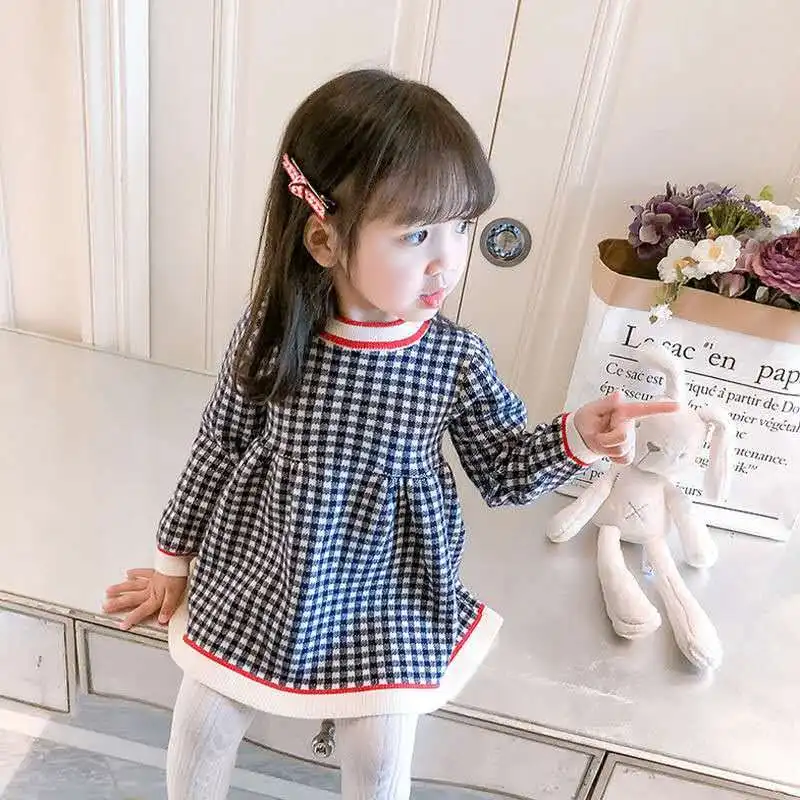 Autumn and Winter Girls\' New Checkered Printed Long Sleeve Color Blocked Sweet and Cute Fashion Warm Mini Woolen Dress