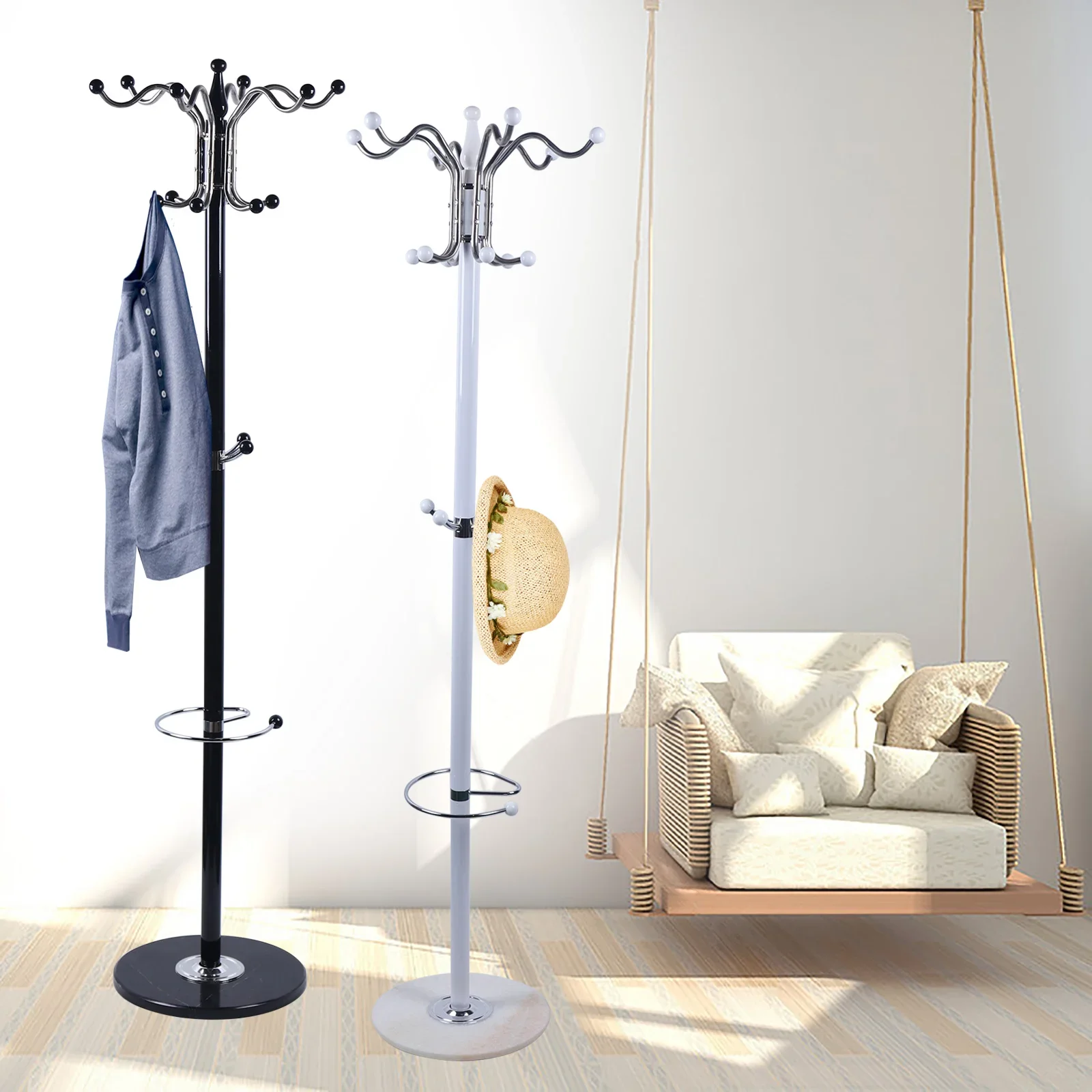 &Metal Coat Tree Coat Racks with 16 Hooks Hat Jacket Stand Tree Holder Hanger Rack Marble Base
