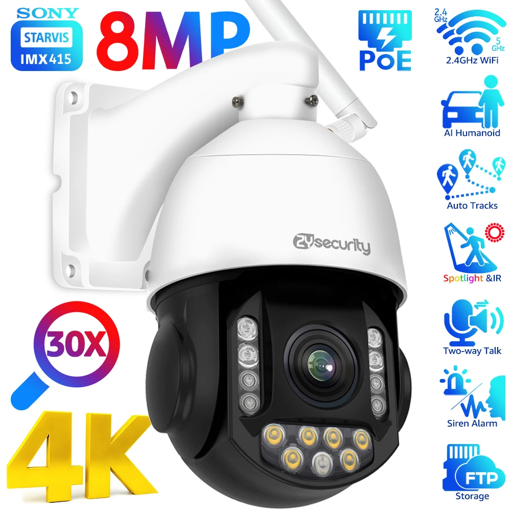 8MP 4K IP Cameras 30X Zoom PTZ Dome Camera Outdoor 2.4/5G WiFi PoE Camera Security Auto Tracking Auto Zoom Surveillance Camera