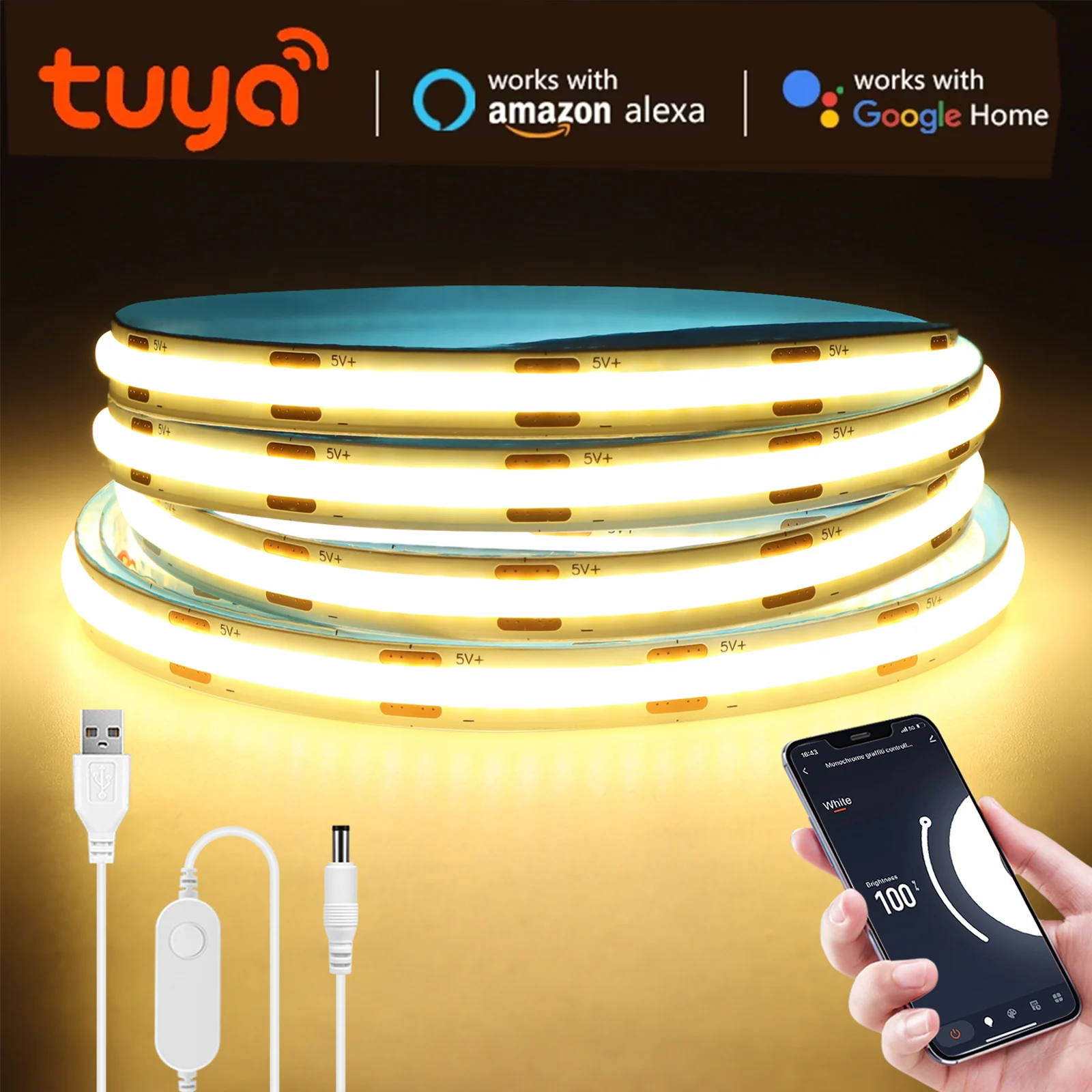 DC5V USB Tuya Smart app WiFi COB LED Strip Light，1M 2M 3M 5M Dimmable COB LED Strip Work With Alexa/Google Home/Smart Life APP