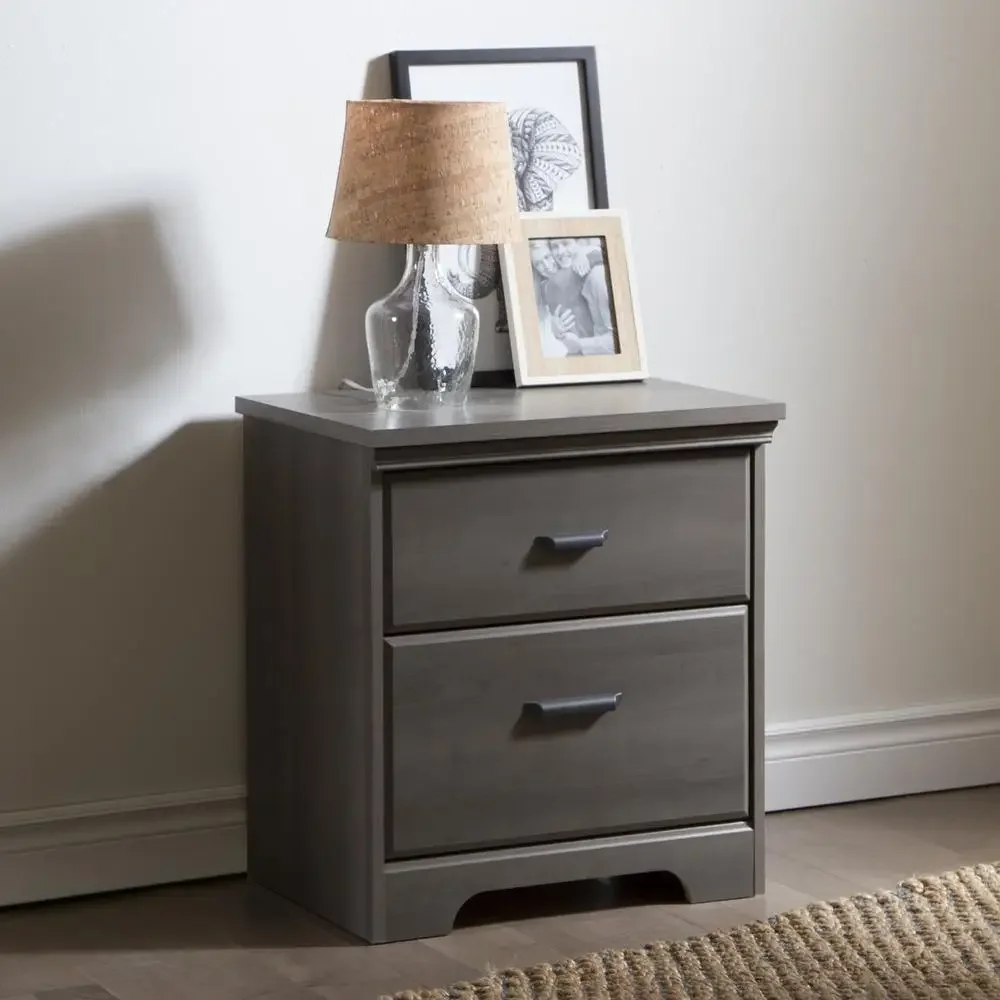 Classic 2-Drawer Nightstand with Convenient Storage Traditional Style Luxury Design South Shore Versa Gray Maple Elegant Metal