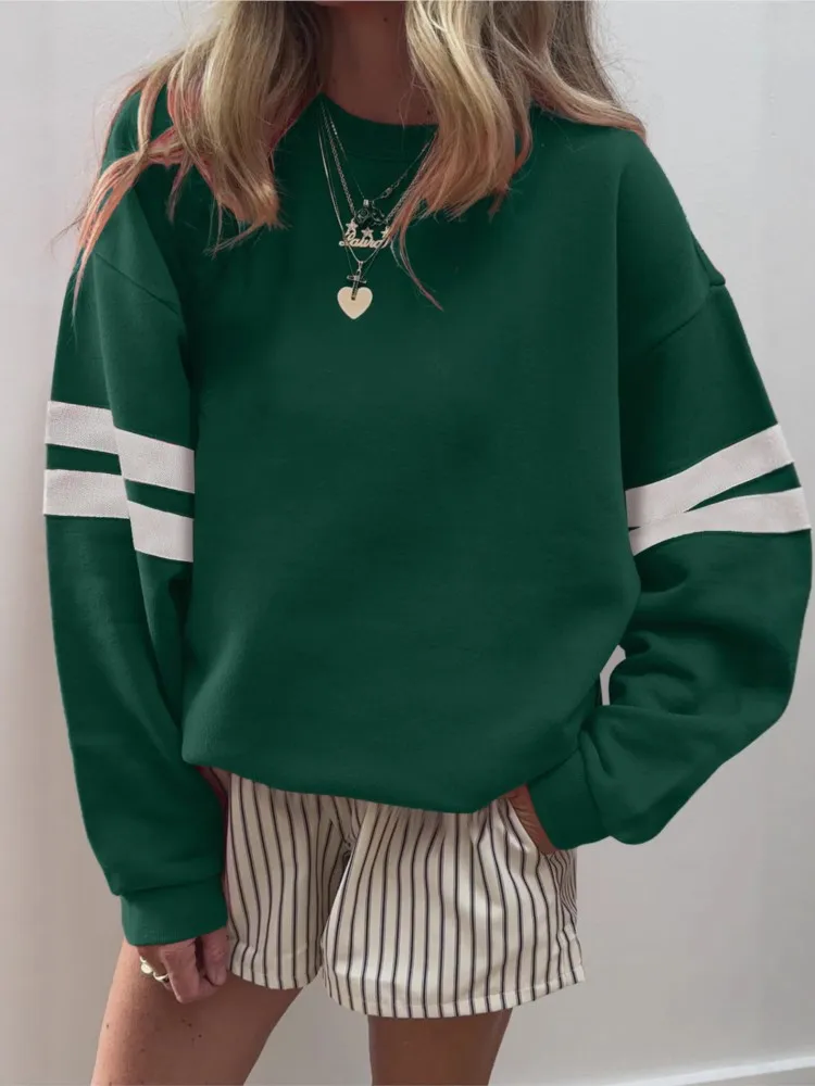 New Women Striped Color Block Pullover Drop Shoulder Hoodie Autumn Casual Loose O Neck Sweatshirt Comfortable Long Sleeve Top