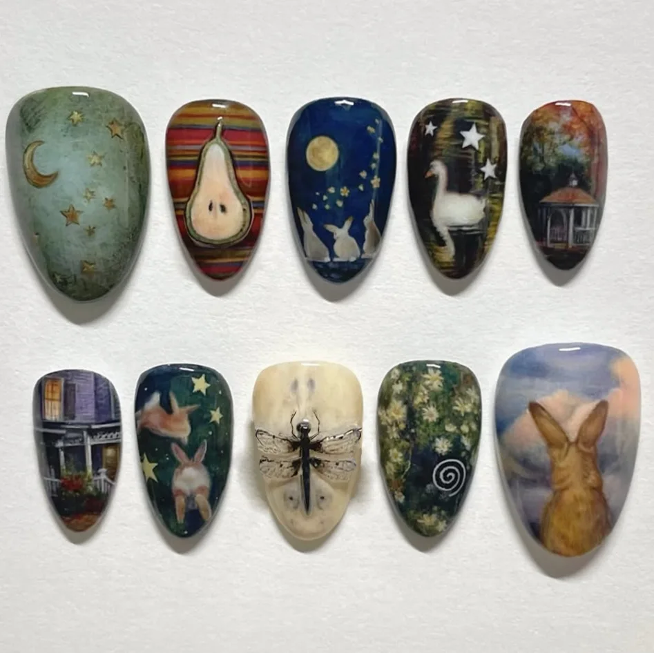 24Pcs Dragonfly Rabbit Swan Press on False Nails Mid-length Almond Fake Nails with Flower Pear Detachable Full Cover Nails Tips