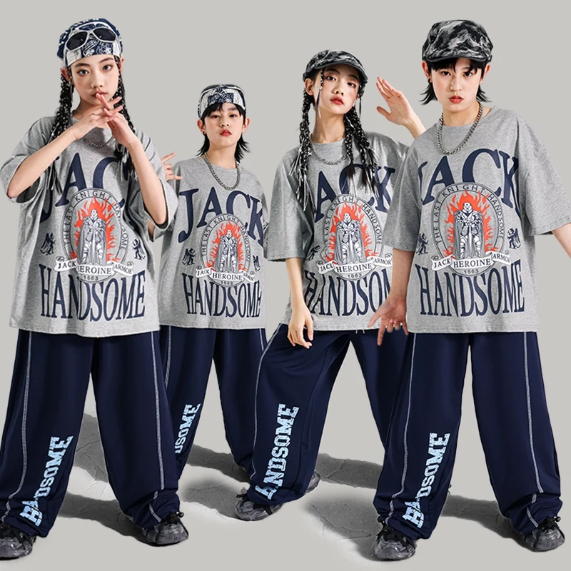 

Hip Hop Dance Clothes Children Gray T-Shirt Shuffle Pants Boys Girl Jazz Outfit Oversize Urban Dance Costume Streetwear AMY1970