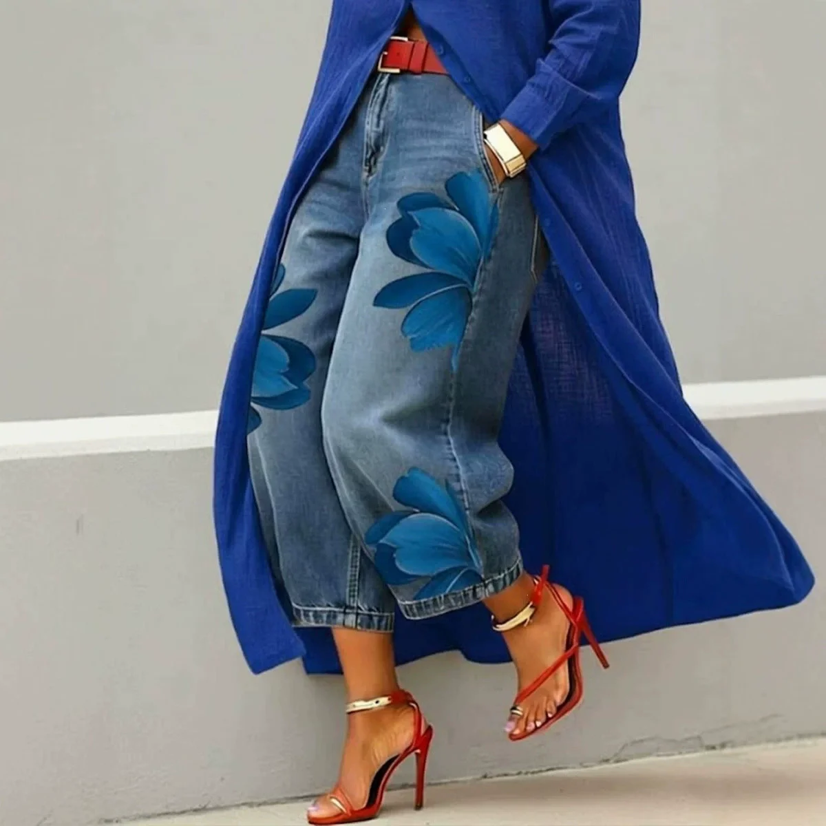 2026 Spring Autumn Fashion Women Floral Print High Waist Loose Fit Women Long Pants Casual Cropped Wide Leg Denim Trousers