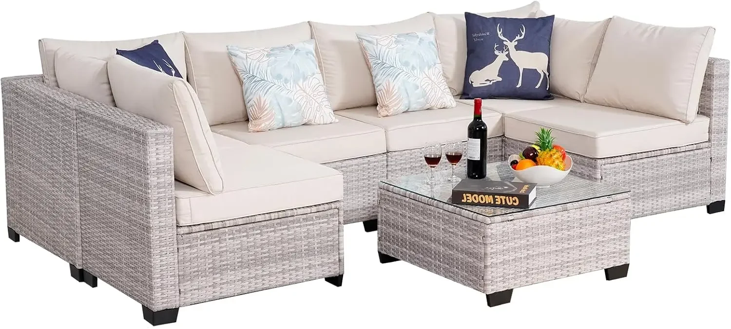 

Комплект уличной секционной мебели из 7 предметов, плетеная мебель для патио, уличная секционная мебель, плетеные стулья, стеклянный стол, ротанг