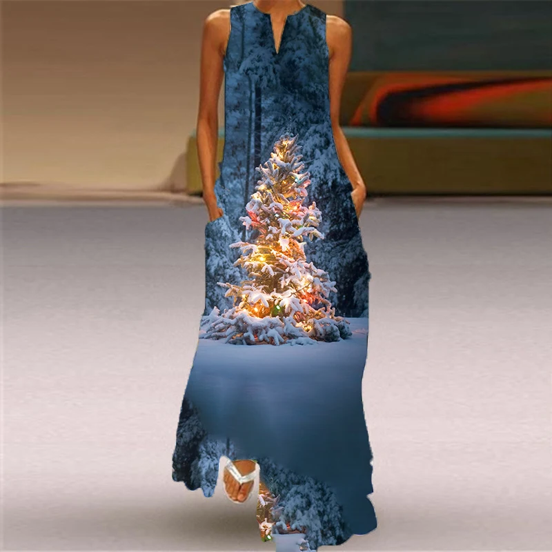 Novo papai noel impressão padrões vestido de natal feminino sem mangas com decote em v pulôver elegante festa high-end moda vestido para mulher