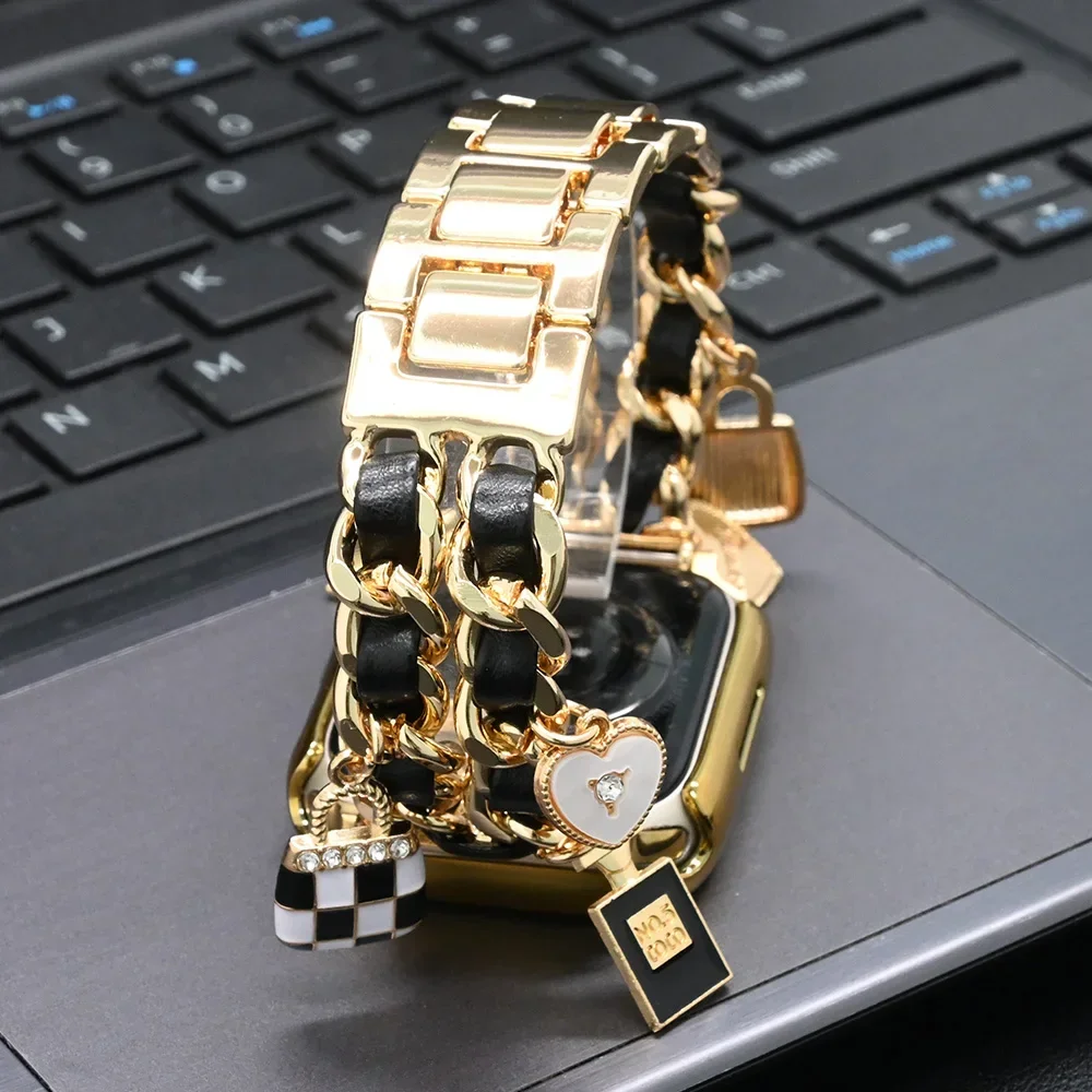 Женский роскошный ремешок для Apple Watch Ultra2 49 мм 10 46 мм 42 мм и чехол для IWatch Series 9 8 7 41 38Se Кожа + ремешок из нержавеющей стали