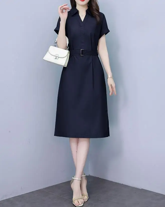 فستان قميص صيفي راقي للنساء مع مزاج أنيق وطية صدر السترة وخصر كاجوال بأكمام قصيرة للتنقل