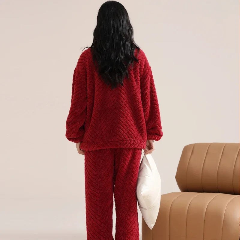 MiiOW Winter Warm Fleece Women Pajamas Red Christmas Ladies Zipper Sleepwear Flannel Homewear Thickened Coral Velvet Girl Pajama