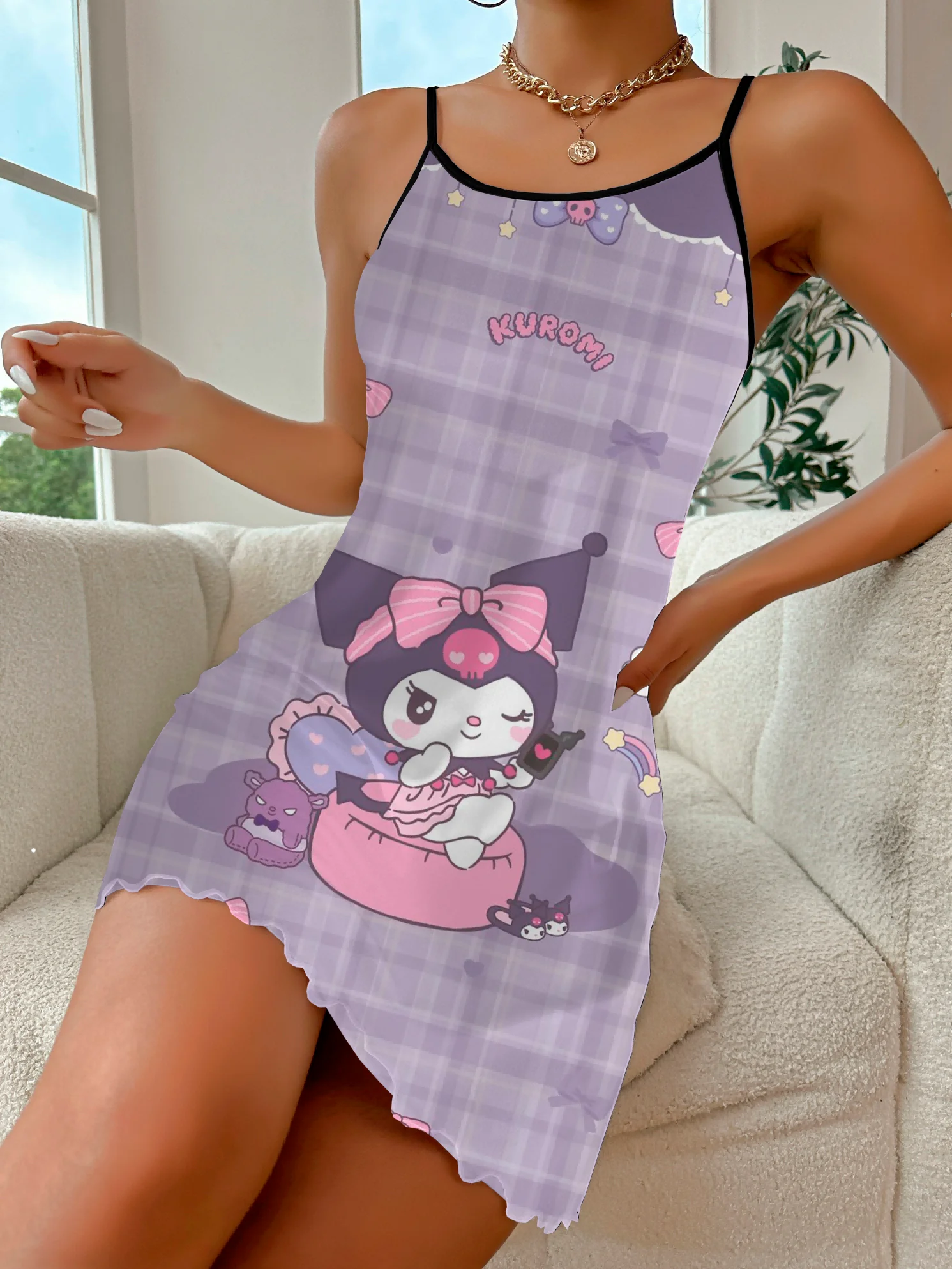 Kuromi-Vestido corto de cuello redondo con falda de pijama de Disney para mujer, minivestido elegante con ribete de lechuga, moda de verano, 2024