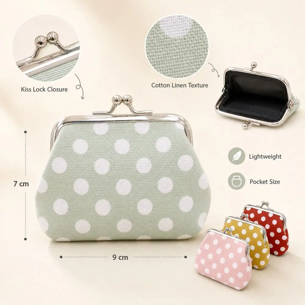 Kiss Lock Closure Polka Dot Coin Purse Square Shape Lightweight Kiss Lock Coin Purse Compact Multifunctional Clutch Coin Purse