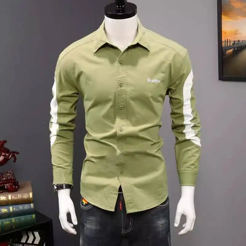 Korean Men Spring and Autumn New Spliced square Collar Button Fashion Solid Color Slim Minimalist Casual Long-sleeved Shirts