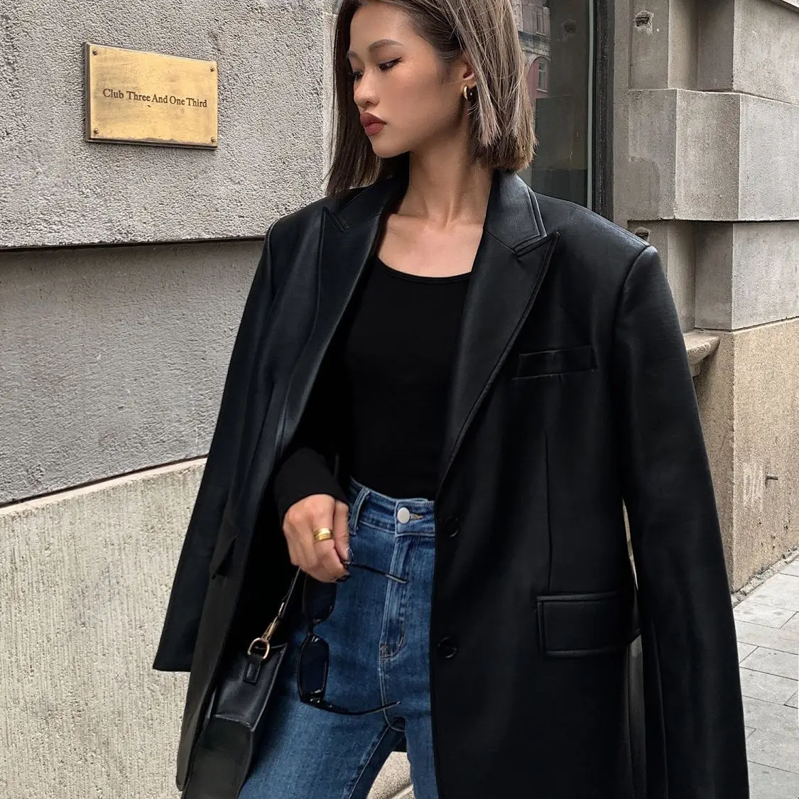 Blazer Button Black Leather Jacket Women Punk Korean Vintage Streetwear Casual Spring Autumn Loose Leather Coat Sense Of Luxury