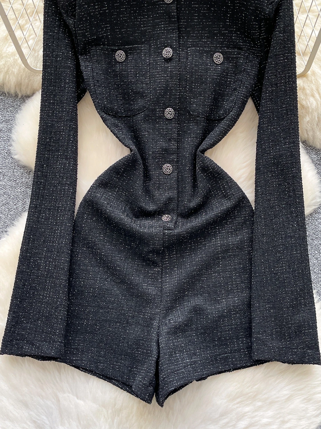  round Ne Long Sve Jumpsuit Women's Autumn Winter Faion Metal Bule Plaid ature Lady Ci Commute Dr