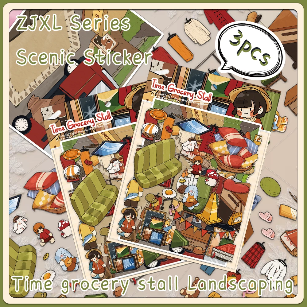 

3PCS Creative Miniature Shrink World Time Grocery Stall Stickers DIY Niche Decompression PET Transparent Material Stickers