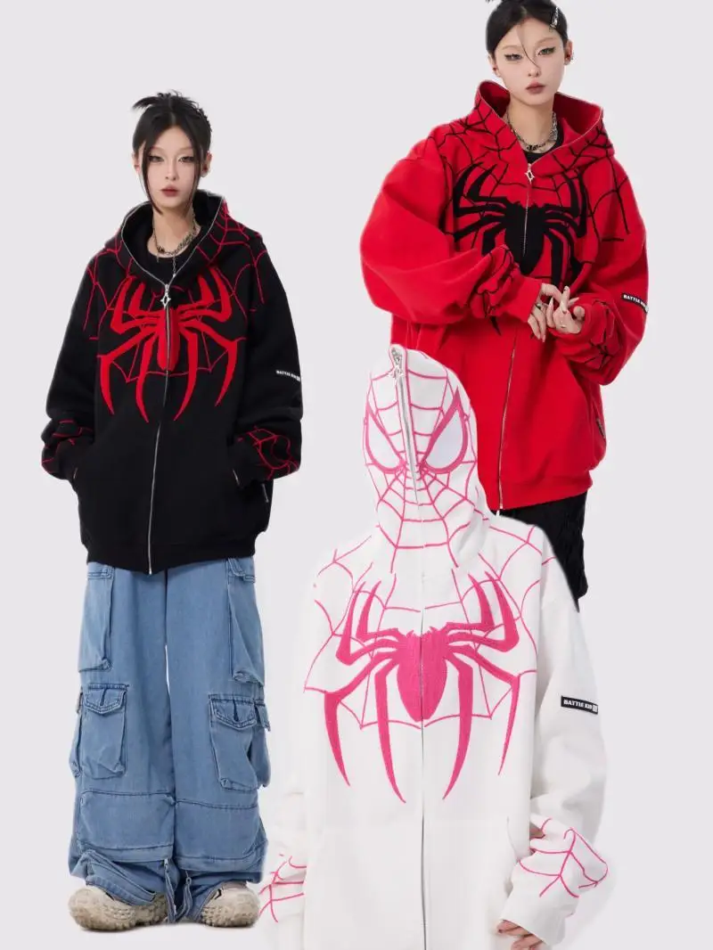 Funny Cartoon Web Spider Printed Zip Up Hoodie Hip Hop Mens Teenage Sweatshirt Coats Loose Oversized Kawaii Clothes Harajuku Top