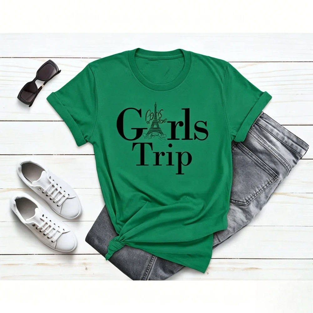 Girls Trip Paris T-Shirt Eiffel Tower Vacation Tee Women Casual Crewneck Cotton Short Sleeve Paris Travel Souvenir Clothing