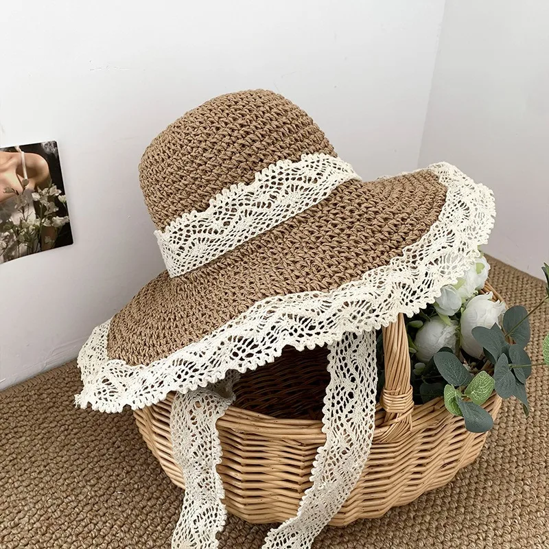 Summer Sun Hat UV Visor Thin Lace Hollow Full Cover Straw Hat Outdoor Fisherman's Hat Holiday Party Props Dating and Traveling