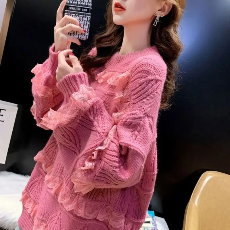 Casual Fashion Lace Patchwork Sweaters Female Clothing Vintage Solid Color Autumn Winter O-Neck Loose All-match Knitted Jumpers