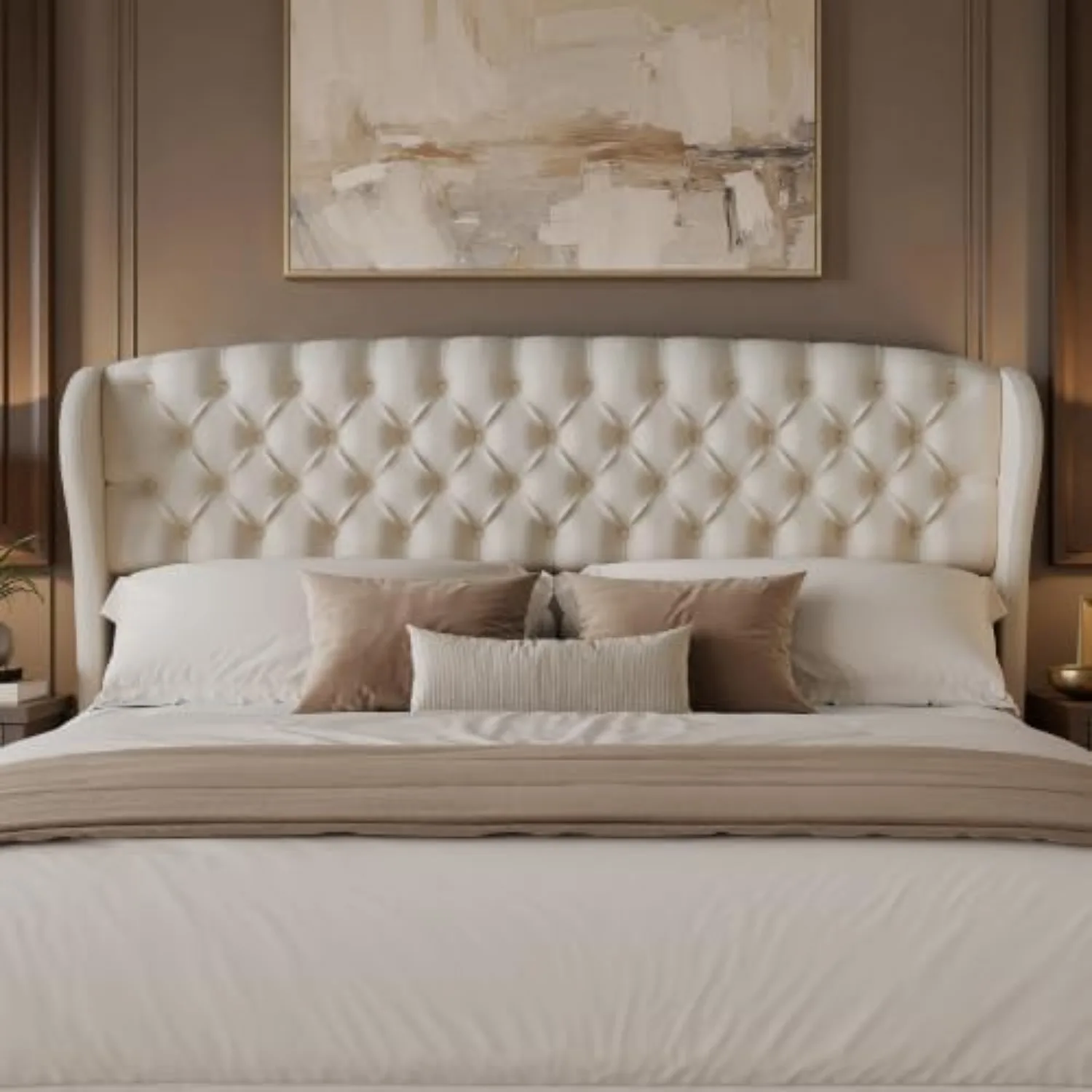 Full/Queen Headboard Only, Velvet Upholstered Wingback, Cream | velvet upholstery, deep button tufted, curved wingback