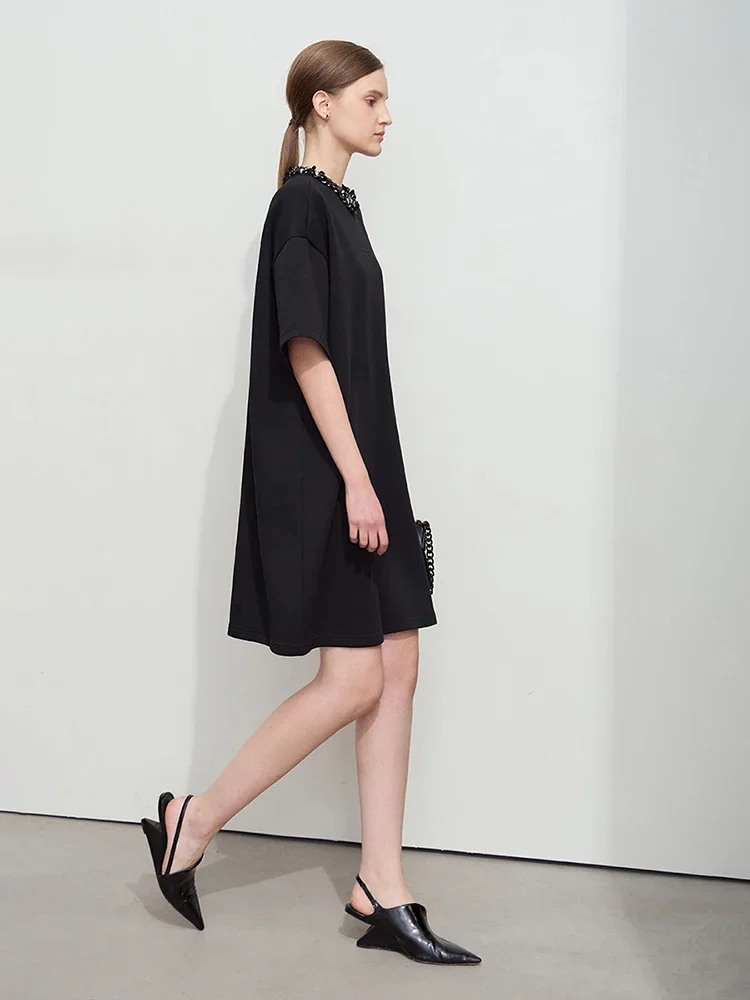 Amii Minimalist T shirt Dress For Women 2025 Autumn New Elegant Fashion O Neck Short Sleeve Mid Length Knitted Dress 12511001