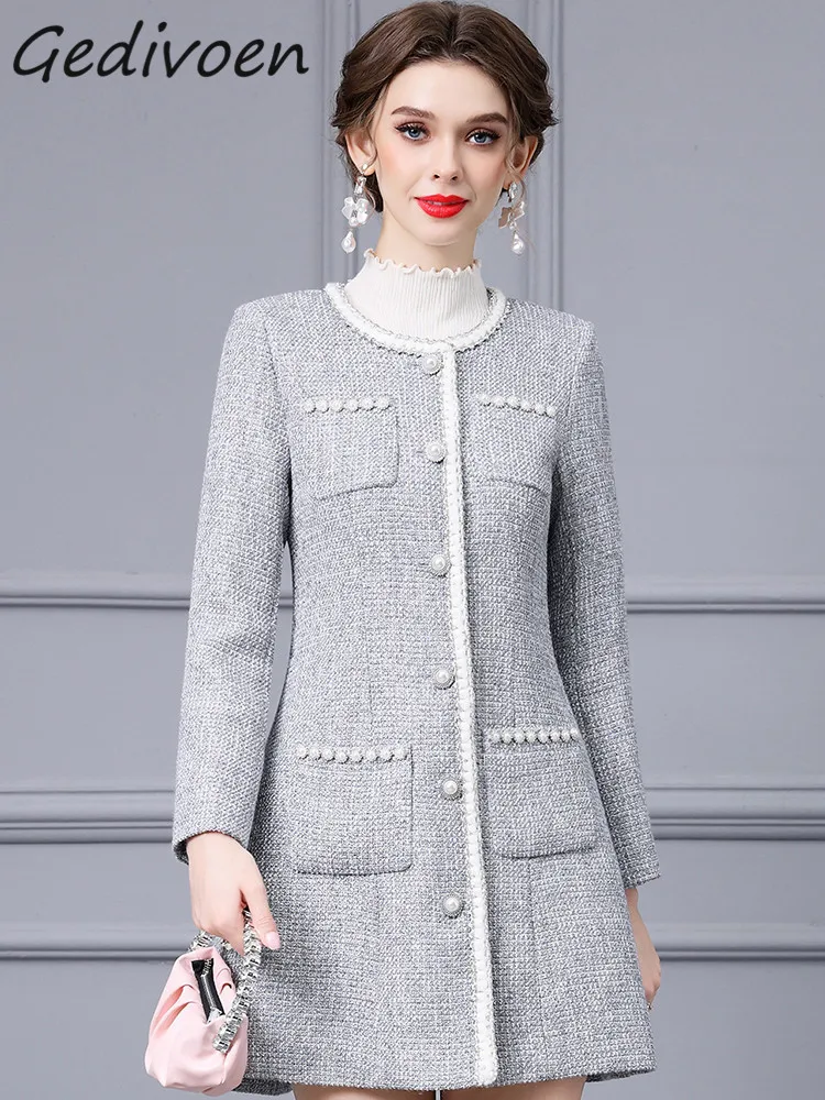 

Gedivoen Autumn Fashion Designer Gray Vintage Dress Women's O Neck Long Sleeve Button Pockets Pearl High Waist Slim Mini Dress