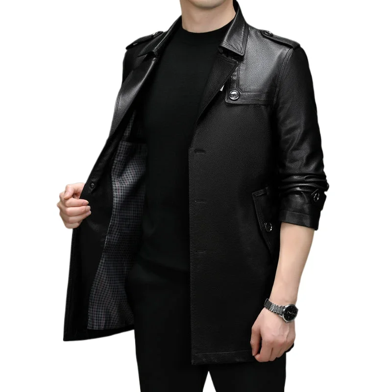 High Quality Autumn and Winter Leather Men Plus Fleece Middle-aged Casual Leather Trench Jacket Dad Coat Sheep Fur Collar Coat