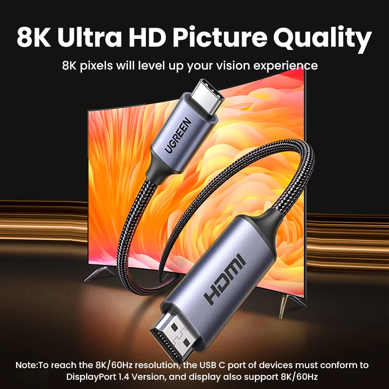 UGREEN USB C to 8K HDMI 호환 케이블, 맥북 프로, 아이맥 아이패드 프로, 삼성 갤럭시, C to HD 2.1, 8K/60Hz, 4K/120Hz