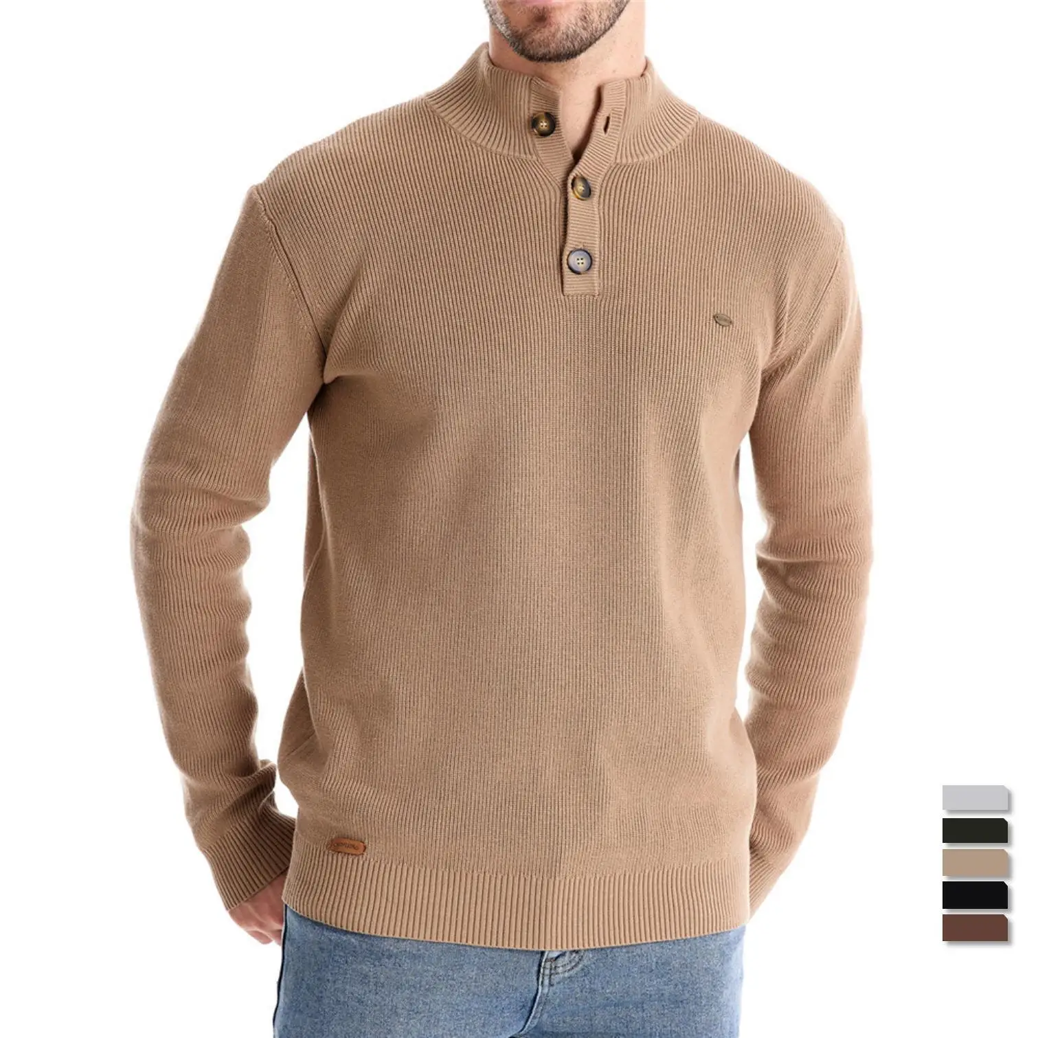 Autumn And Winter New Semi Open Chest Sweater Long Sleeved Stand Up Collar Solid Color Versatile Casual Men's Top