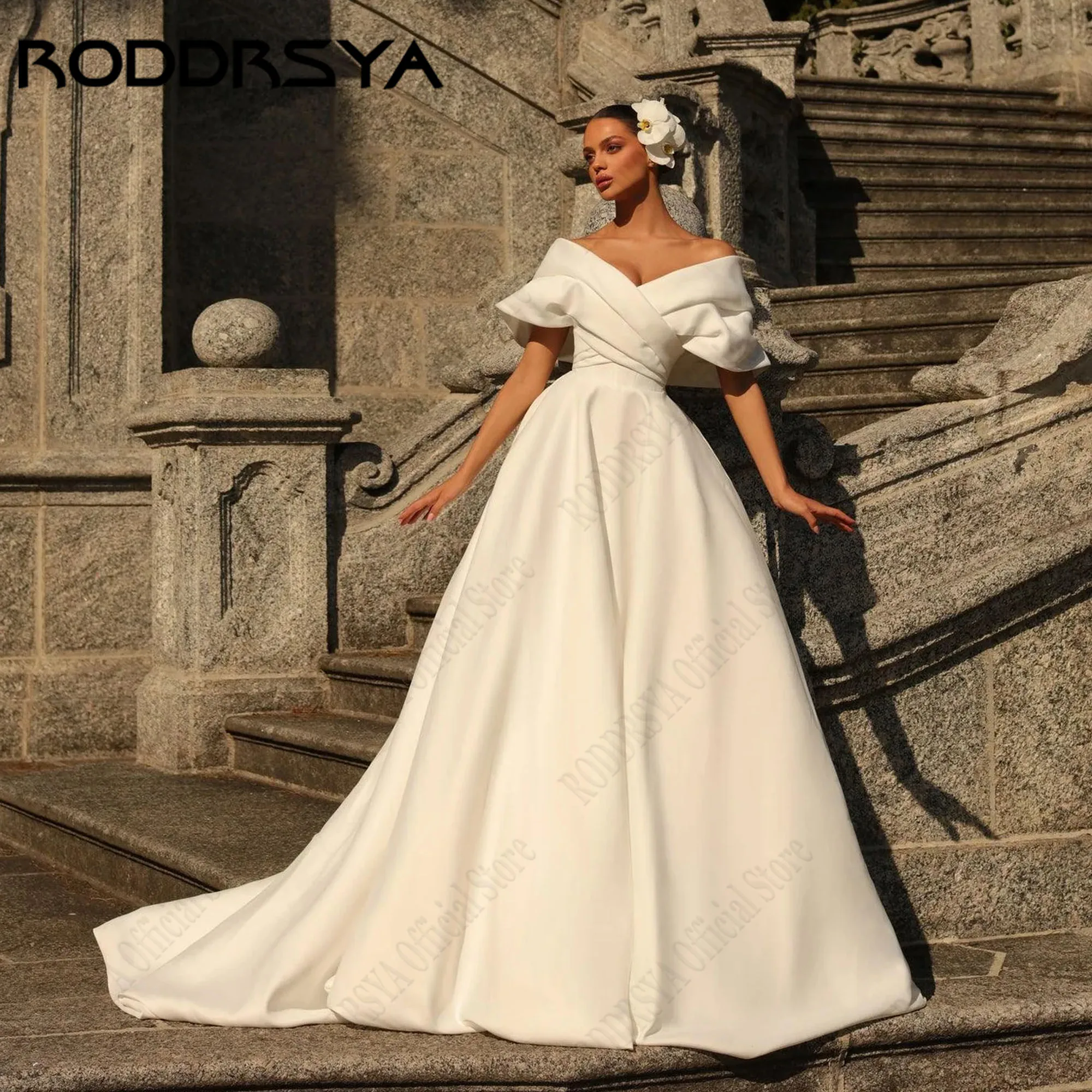 

RODDRSYA Simple A-Line Bride Gowns Off Shoulder V-Neck Satin Pleat Wedding Party Dresses Backless vestidos para mujer Customized