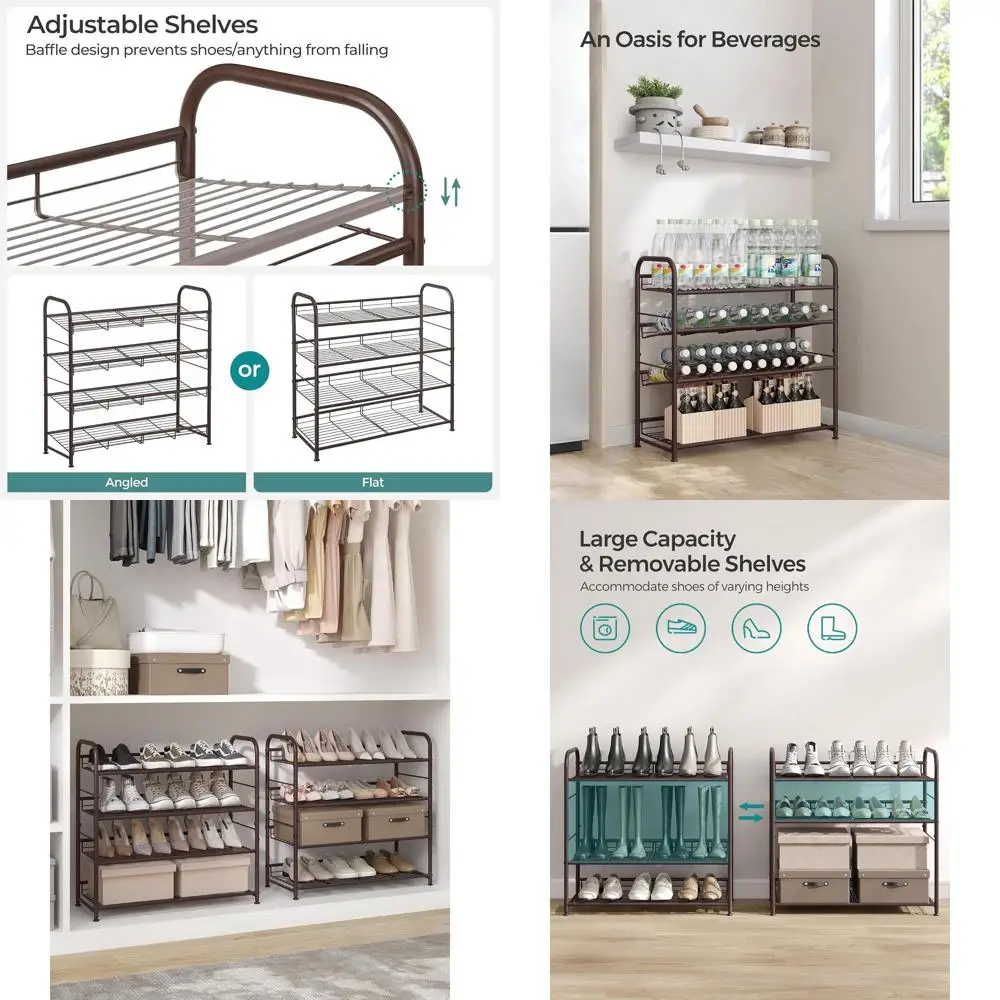

4-Tier Bronze Metal Shoe Rack - Adjustable Slanted Shelves for 20 Pairs, Compact Storage for Closets and Entryways