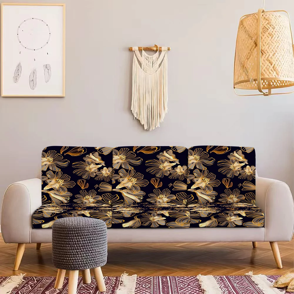 Summer Outdoor Sofa Cover, Luxurious Floral & Leaf Gold Print Milk Silk Sofa Cushion Cover, Elastic Non -