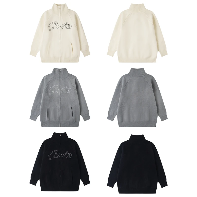 

Ранняя осень, американский остров дьявола, уличный хип-хоп, вышитый буквенный воротник-стойка, открытый кардиган на молнии, вязаный свитер