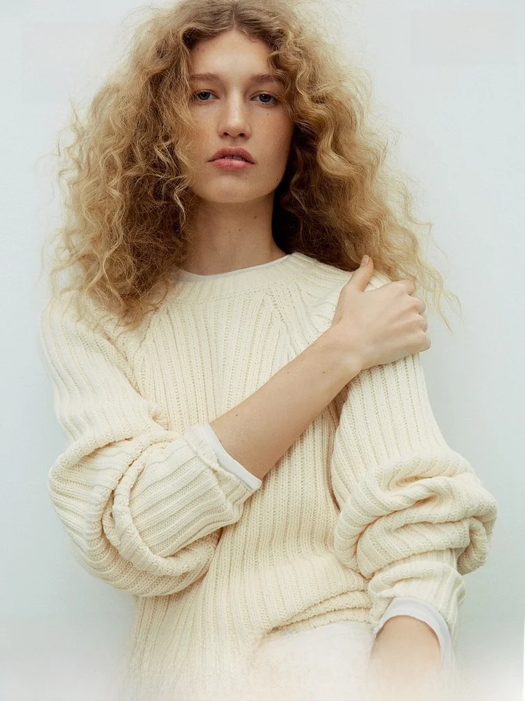 

Spring New Arrival Women's Knitted Ribbed Top H&M Casual Fit Sle Comfortable Cotton Acrylic Blend Overhead Sweater